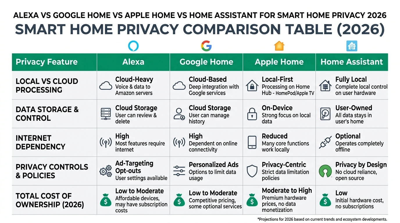 Infographic comparing Alexa, Google Home, Apple Home, and Home Assistant on privacy, local control, and cost in 2026.