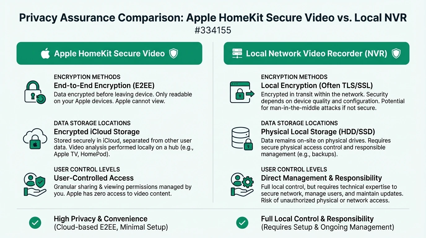 Infographic comparing Apple HomeKit Secure Video and local NVR: encryption, storage location, subscription cost, recording type, and offline access for privacy-conscious users.