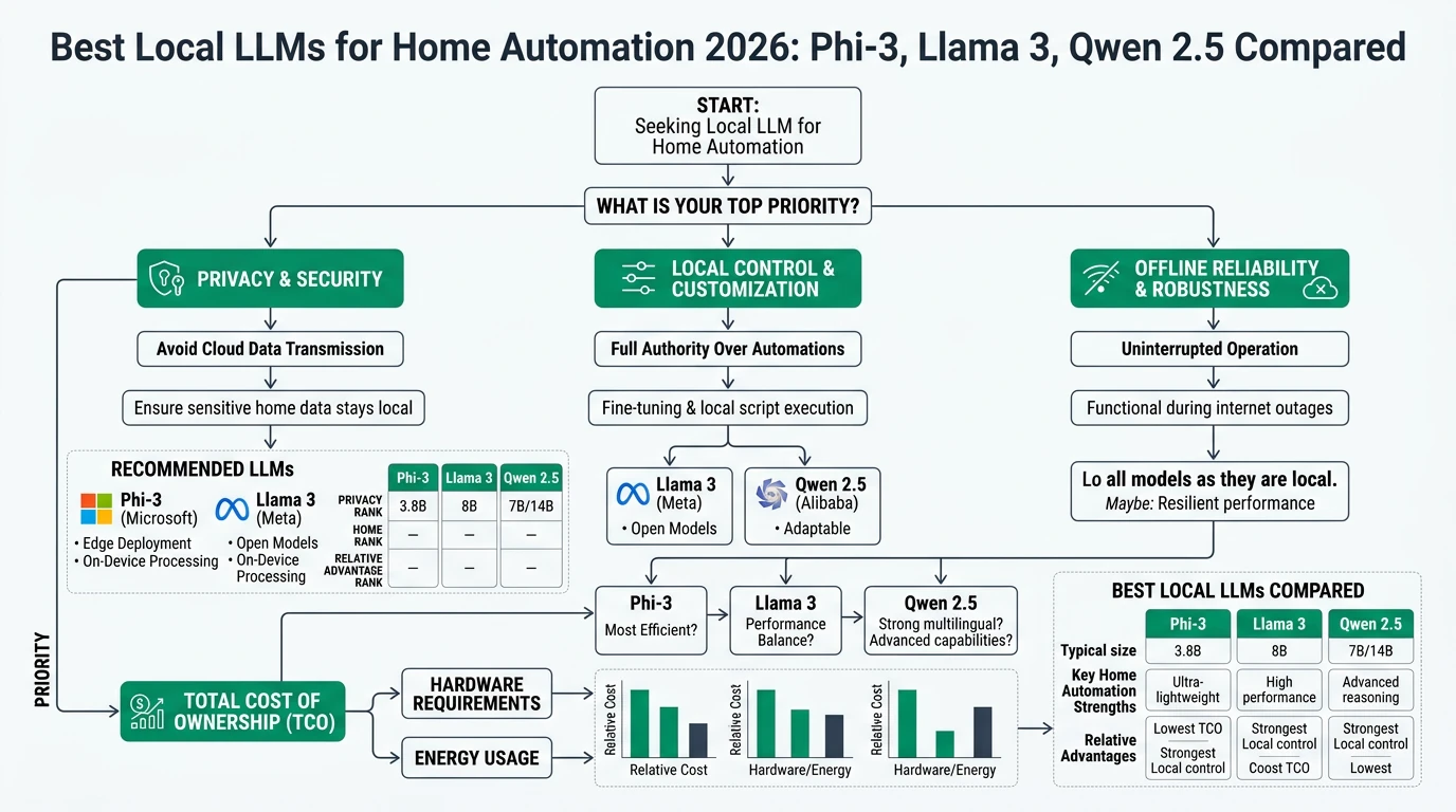 An infographic comparing Phi-3, Llama 3, and Qwen 2.5 for home automation, highlighting privacy, cost, and performance metrics.