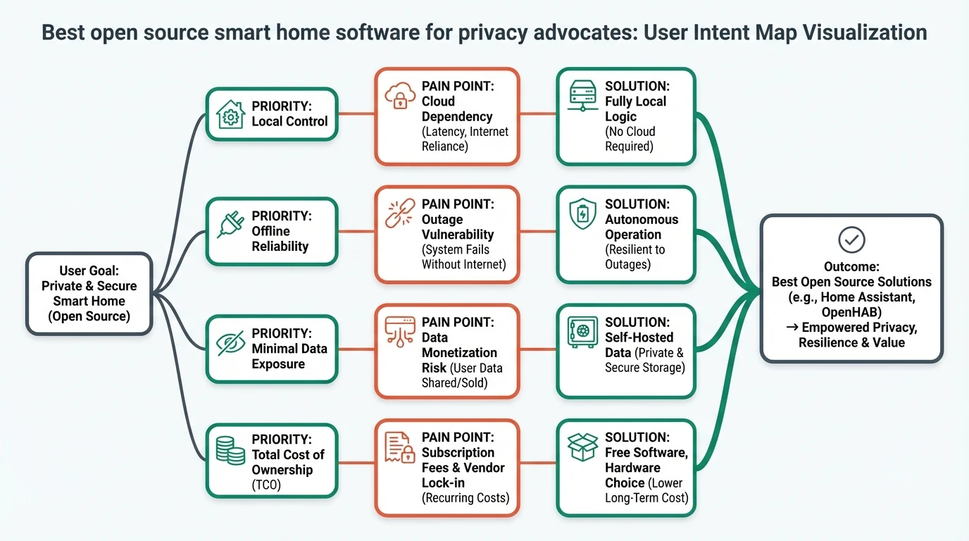 An infographic comparing the privacy features, offline reliability, and ecosystem size of top open-source smart home software.
