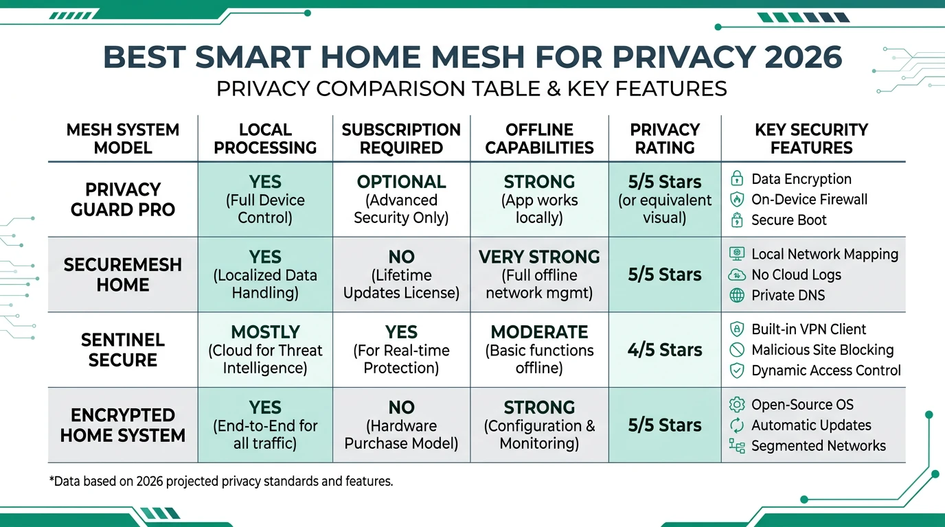 A detailed infographic comparing smart home mesh systems for privacy, showing features like local control and offline reliability.