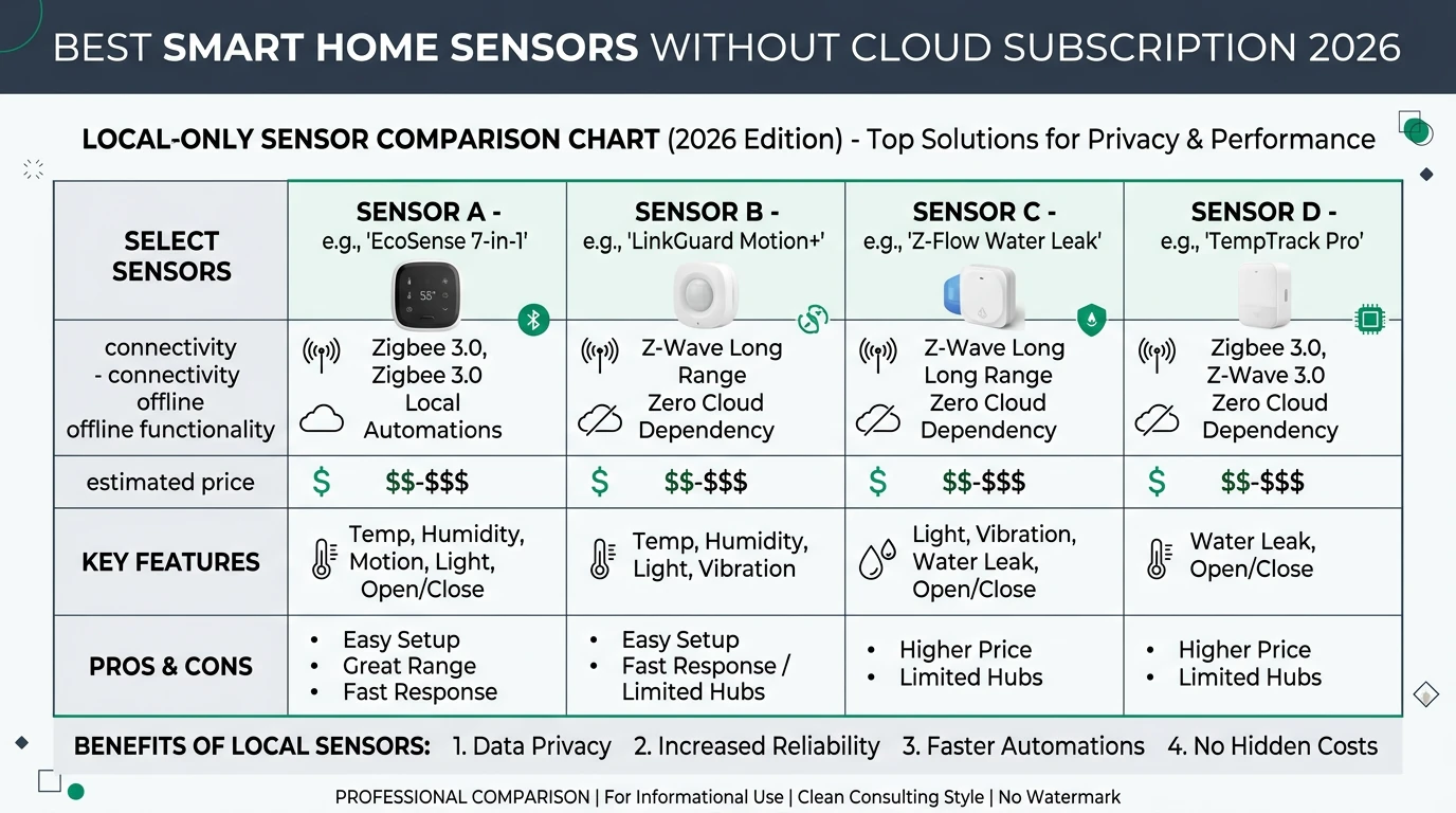 An infographic showing various smart home sensors that operate without cloud dependency, highlighting their privacy features and offline capabilities.