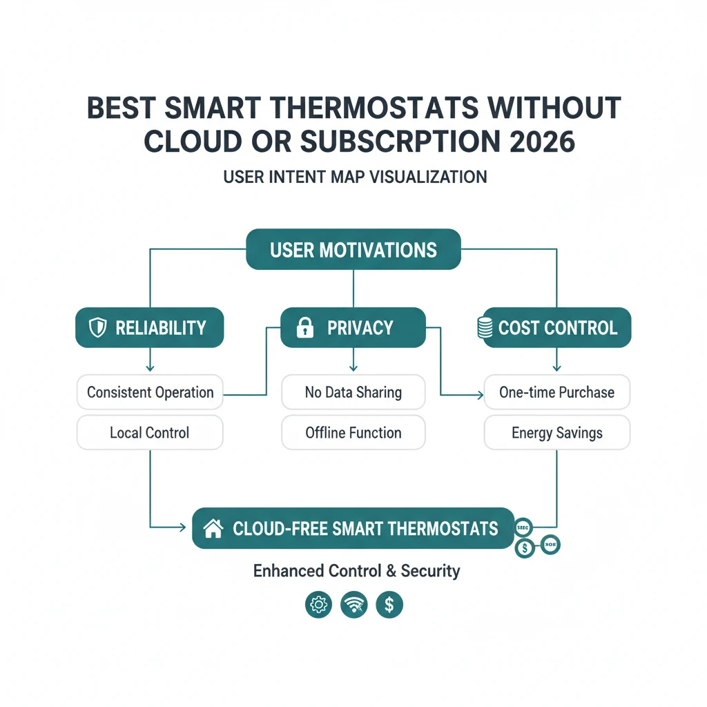 A comparison chart of the best smart thermostats in 2026 that operate without cloud dependency, highlighting features like local control and privacy.
