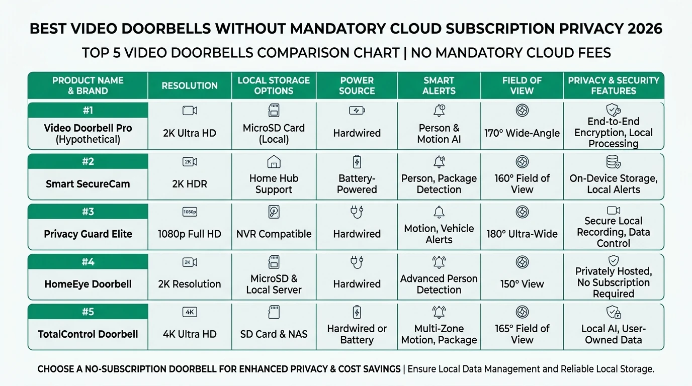 A comparison infographic of top video doorbells in 2026, highlighting features like local storage, privacy, and offline reliability.
