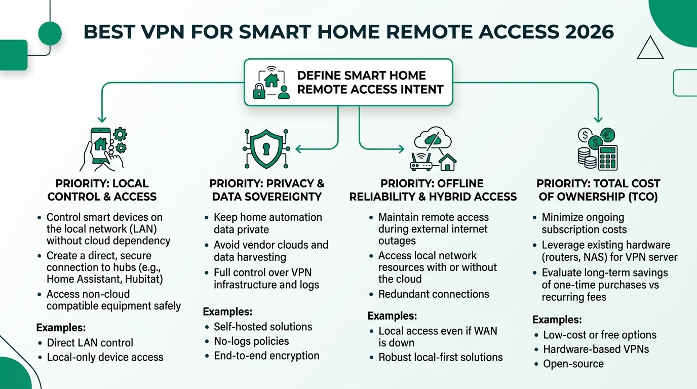 A detailed infographic comparing top VPNs for smart home remote access in 2026, highlighting privacy, cost, and device compatibility.