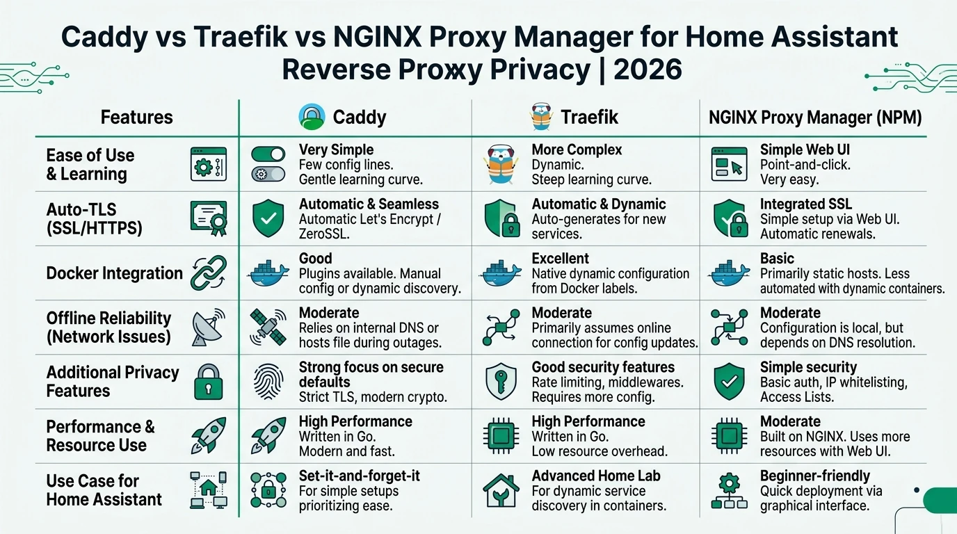 Infographic comparing Caddy, Traefik, and NGINX Proxy Manager for Home Assistant reverse proxy privacy in 2026.