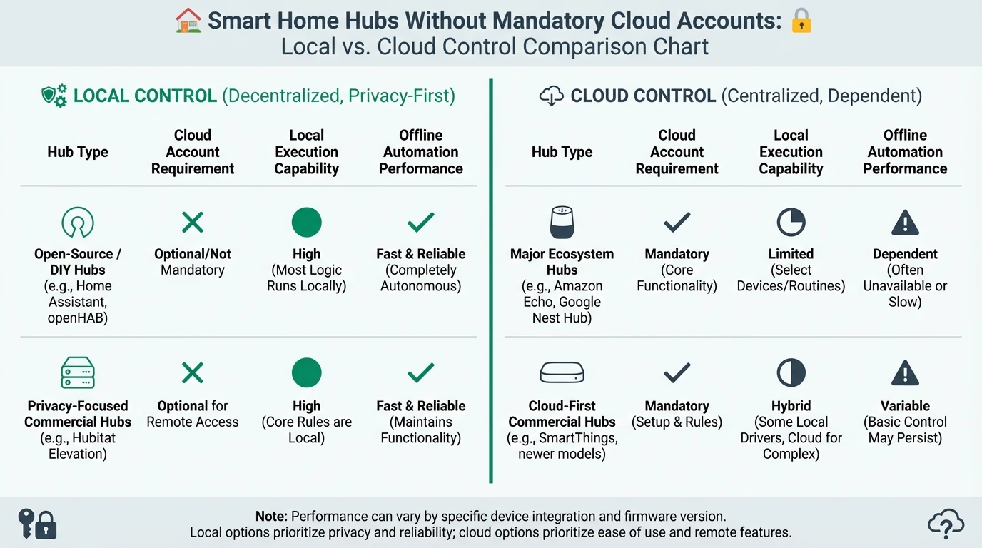 An infographic matrix comparing smart home hubs by account lock-in, local automation execution, protocol support, integration depth, and migration flexibility for users prioritizing local privacy and long-term architectural control.