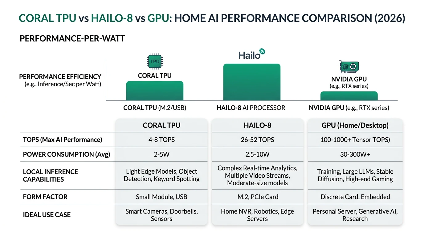 Infographic comparing Coral TPU, Hailo-8, and GPU for home AI in 2026, highlighting performance, privacy, and cost.