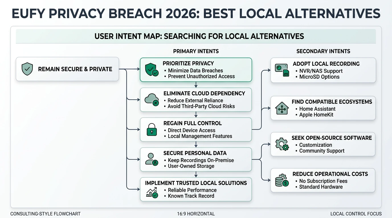 An infographic comparing local security camera alternatives to Eufy, highlighting privacy features and offline capabilities.