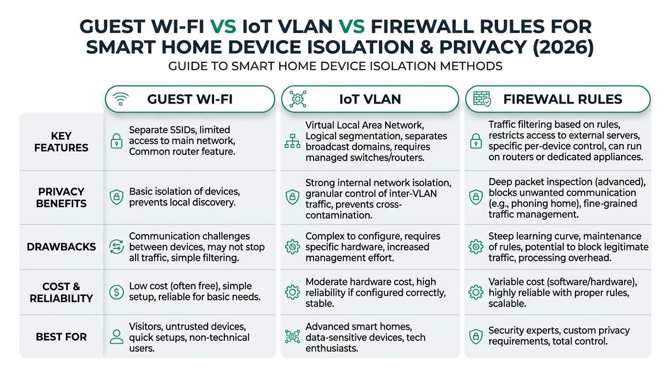 Infographic comparing Guest Wi-Fi, IoT VLAN, and firewall rules for smart home privacy and isolation.