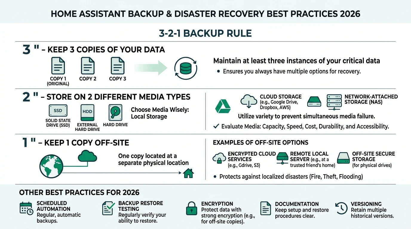 An infographic illustrating the 3-2-1 backup rule with examples of local and cloud storage options for Home Assistant users.