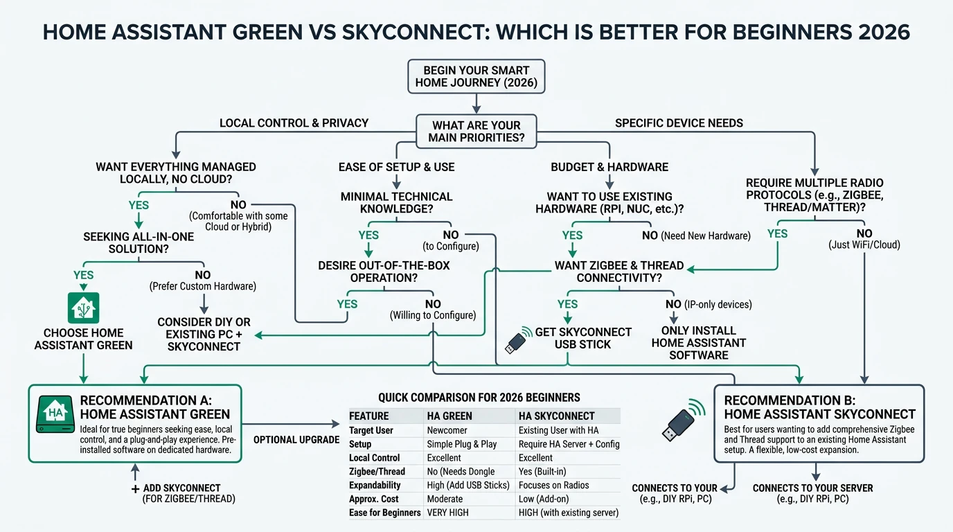 A detailed infographic comparing Home Assistant Green and SkyConnect, highlighting key features like privacy, local control, and ease of use for beginners.