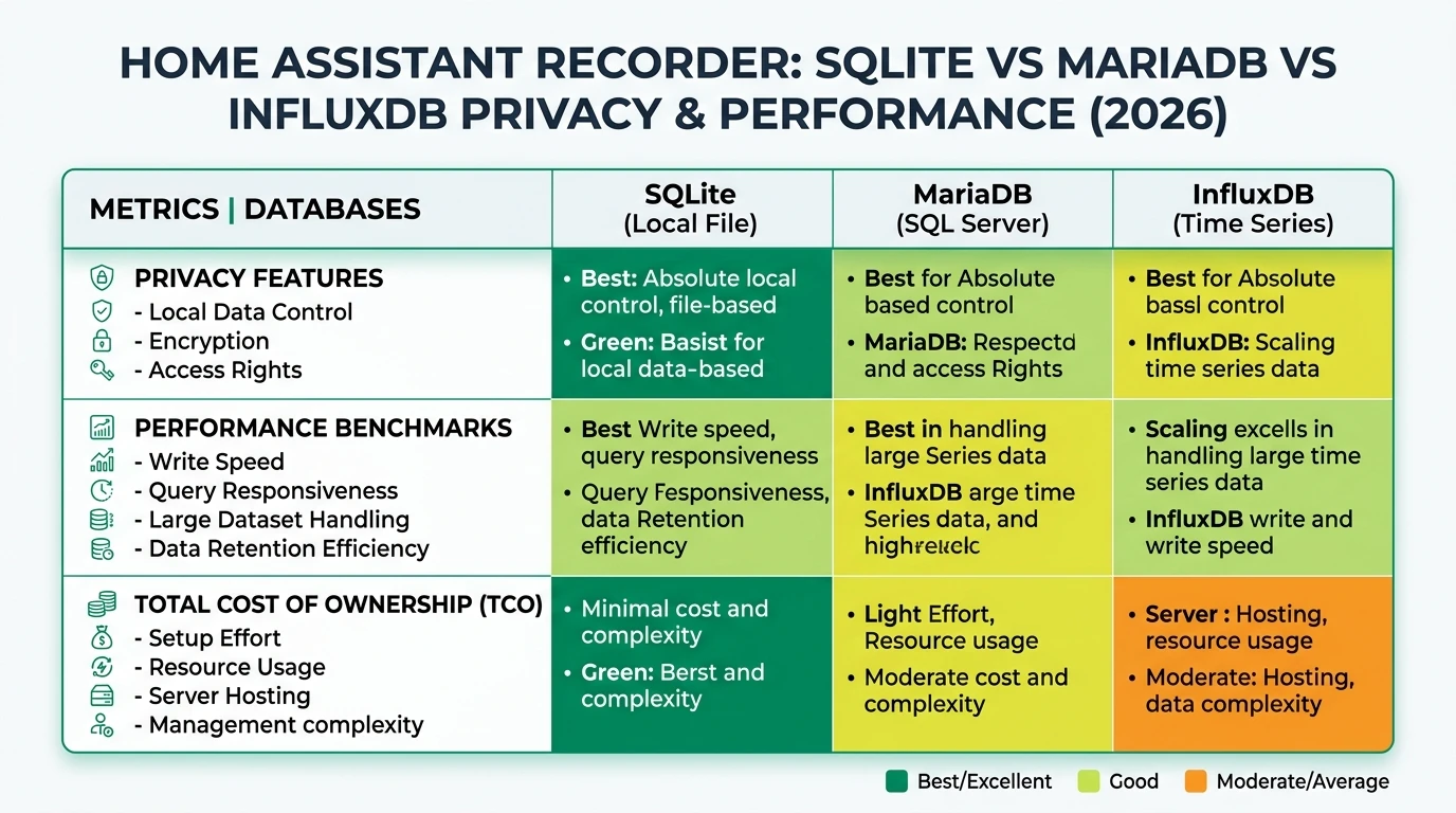 A detailed infographic comparing SQLite, MariaDB, and InfluxDB for Home Assistant, focusing on privacy, performance, and cost.