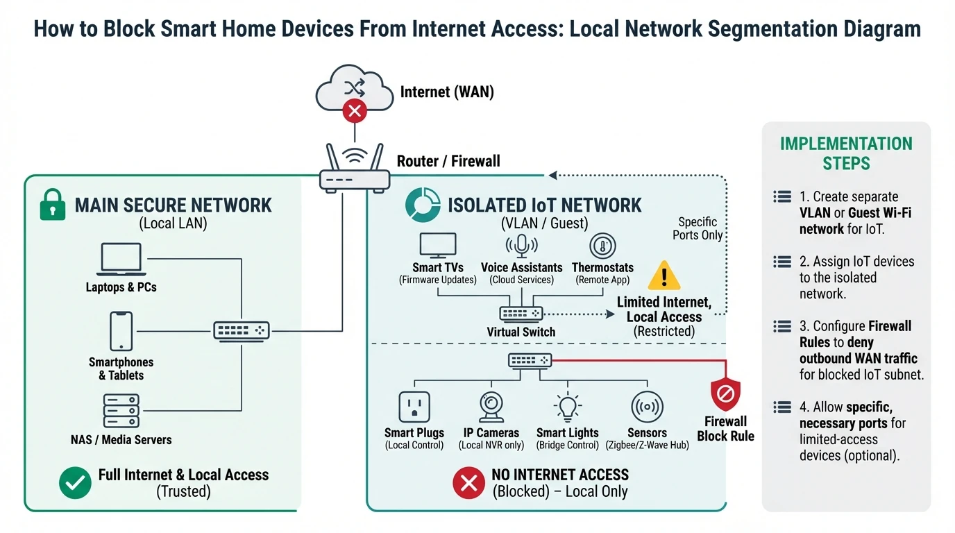 A network segmentation infographic showing trusted and IoT VLAN separation, explicit firewall allow lists, DNS control, and phased internet egress blocking to keep smart home devices local while preserving required automation traffic.