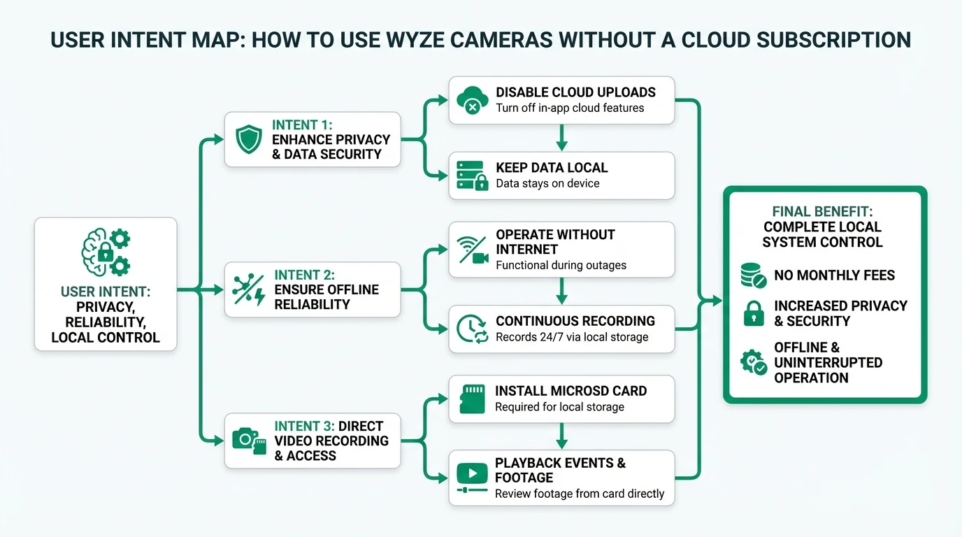 Infographic illustrating Wyze camera setup for local storage: microSD insertion, app configuration for event or continuous recording, and privacy benefits of keeping footage on-device without cloud upload.