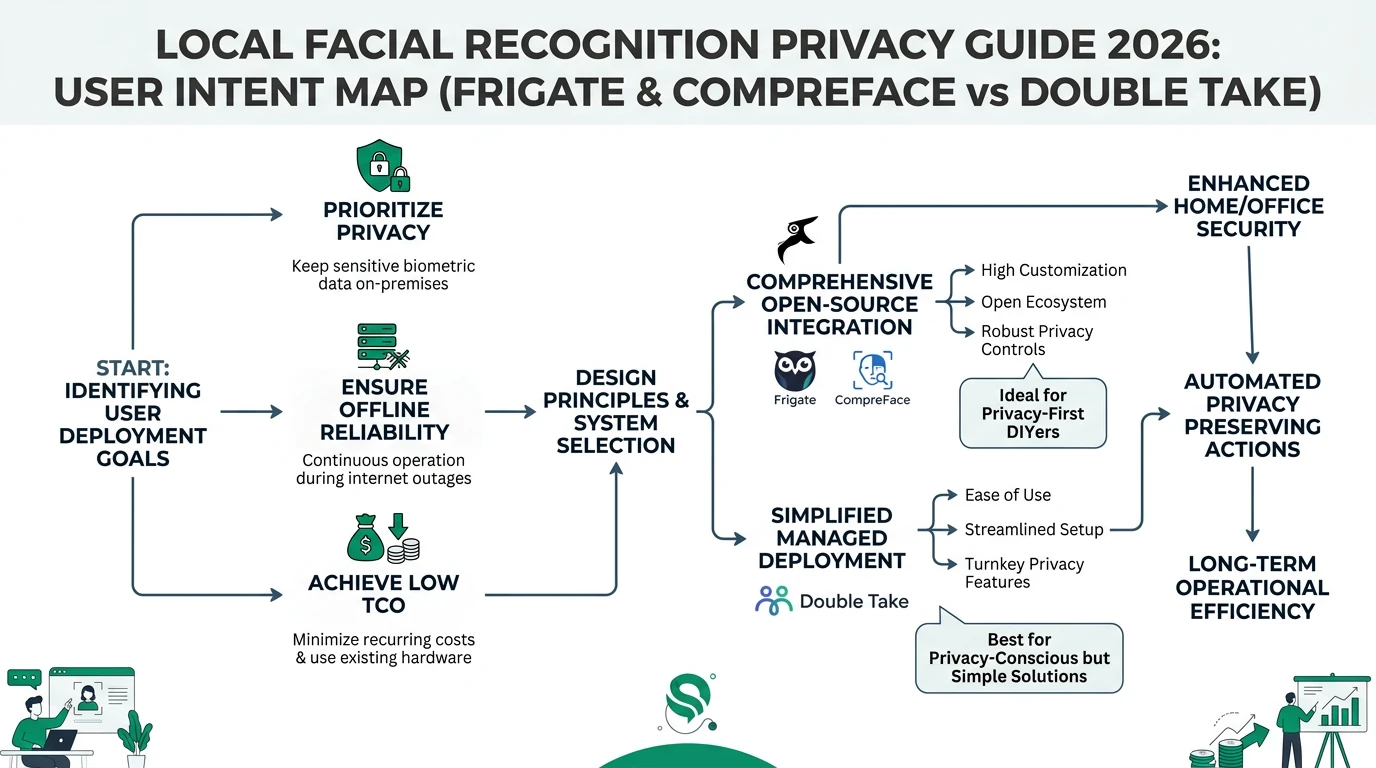 A detailed infographic comparing the privacy and reliability of Frigate with CompreFace versus Double Take for local facial recognition.