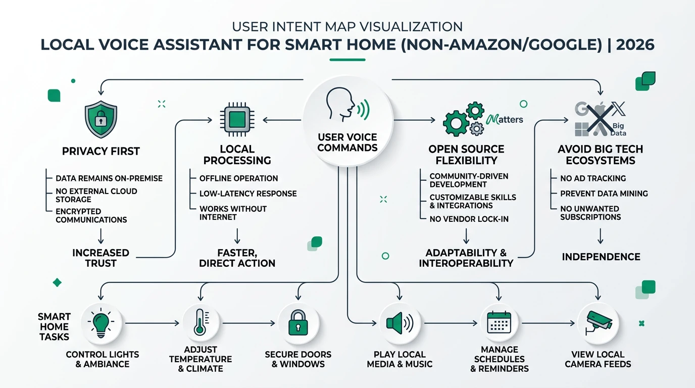 A detailed infographic comparing local voice assistants for smart homes, highlighting privacy, offline capabilities, and cost.