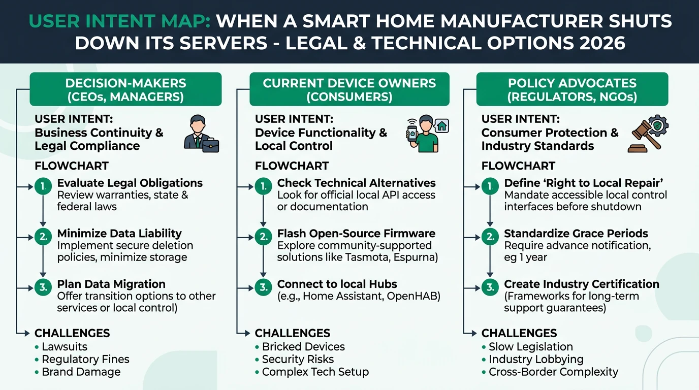 An infographic illustrating the impact of smart home server shutdowns and the available legal and technical options for users.