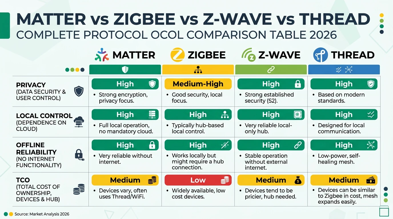 Comparison infographic of Matter, Zigbee, Z-Wave, and Thread protocols highlighting privacy, control, and cost metrics.