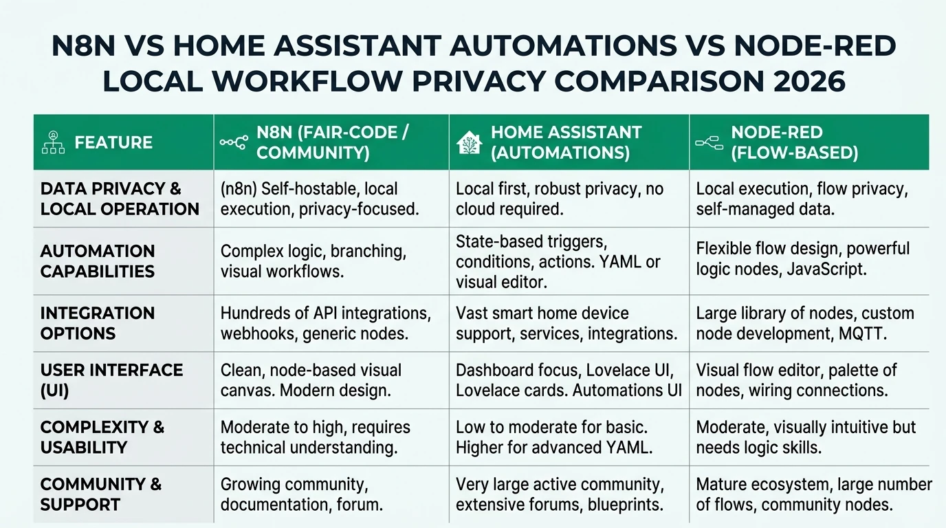 A detailed infographic comparing n8n, Home Assistant, and Node-RED in terms of privacy features, local control, and data protection strategies.