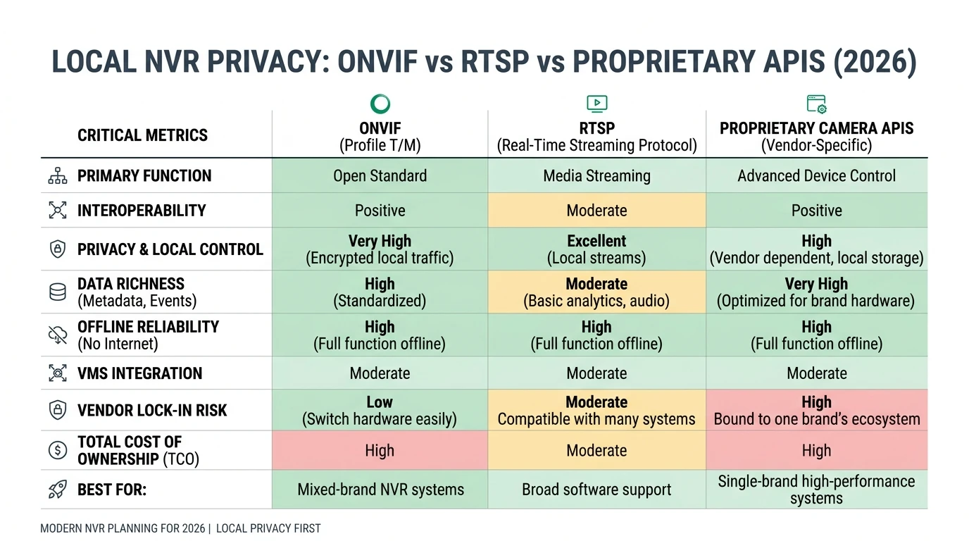 Infographic comparing ONVIF, RTSP, and proprietary APIs for local NVR setups, focusing on privacy, control, and cost.