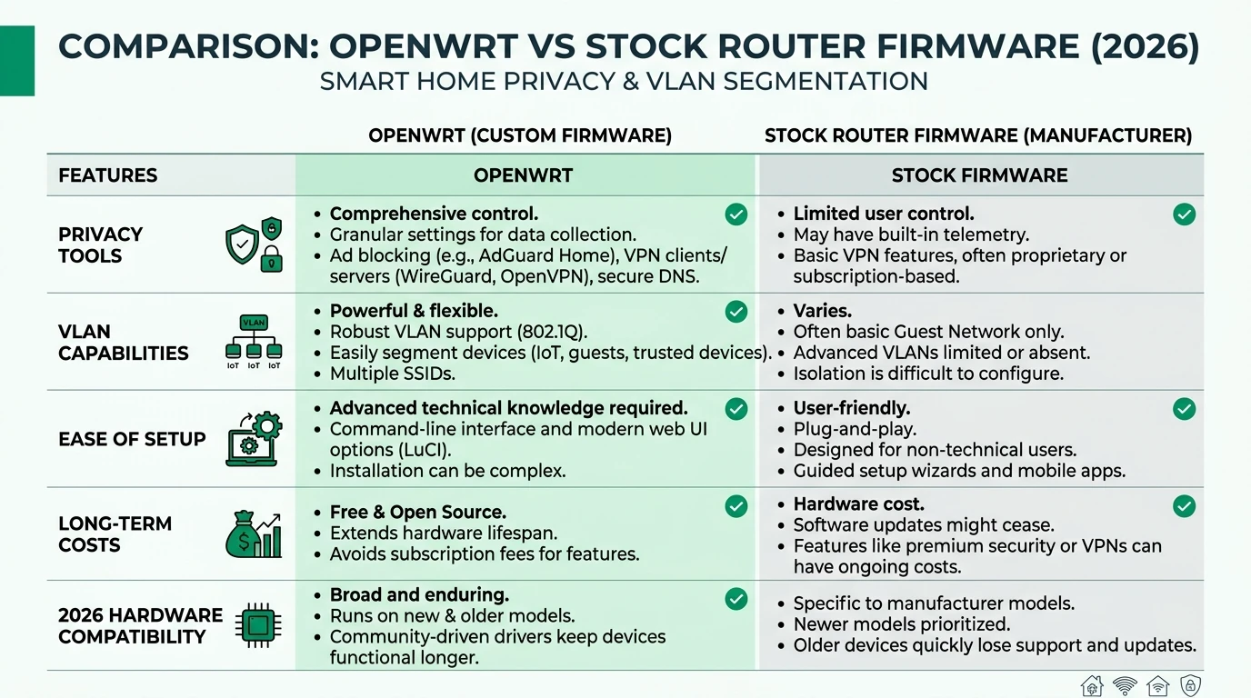 A detailed infographic comparing OpenWrt and stock router firmware for smart home privacy, highlighting key features like VLAN support, privacy tools, and offline reliability.