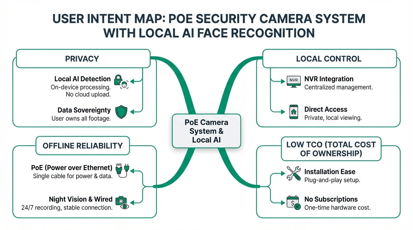 An infographic showing the components of a PoE security camera system with local AI face recognition, highlighting privacy and offline capabilities.