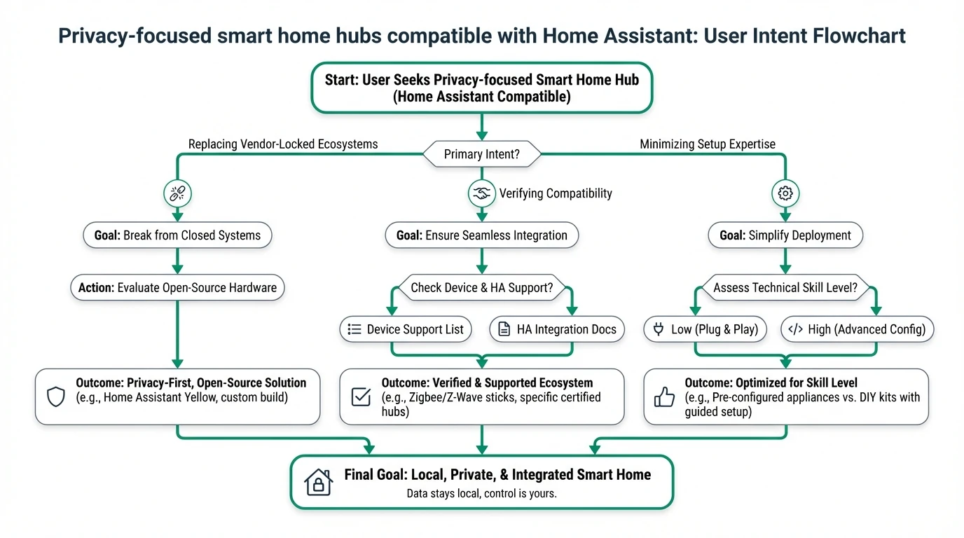 A detailed infographic comparing privacy-focused smart home hubs compatible with Home Assistant, highlighting key features and integration capabilities.