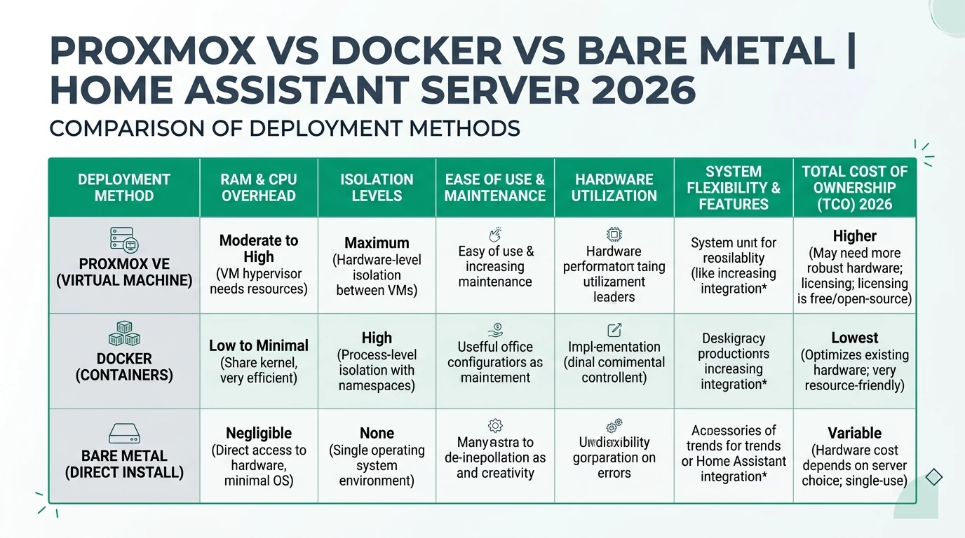 A comparative infographic showing Proxmox, Docker, and bare metal setups for Home Assistant, highlighting privacy, offline reliability, and total cost of ownership.