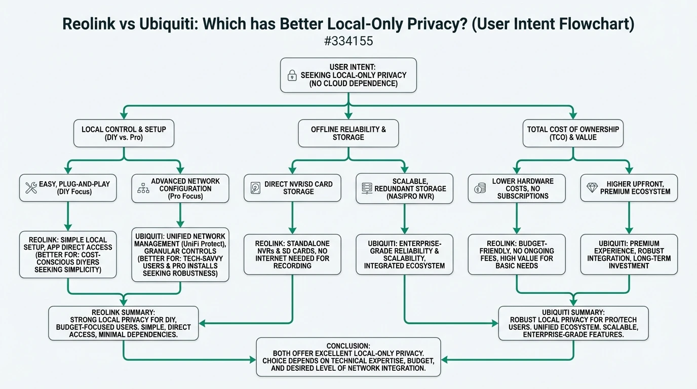 A detailed infographic comparing Reolink and Ubiquiti security systems for local-only privacy: NVR vs cloud storage, account requirements, offline recording behavior, and data export control for households prioritizing data ownership.