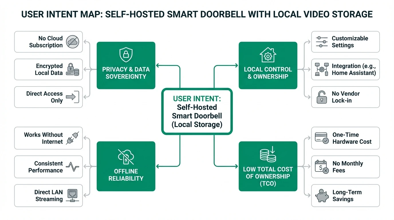 A detailed infographic showing different self-hosted smart doorbell options with local video storage capabilities, comparing privacy features, storage options, and cost efficiency.