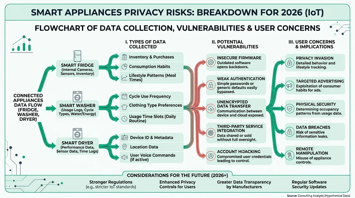 An infographic detailing privacy risks associated with smart appliances, highlighting data collection points and mitigation strategies.