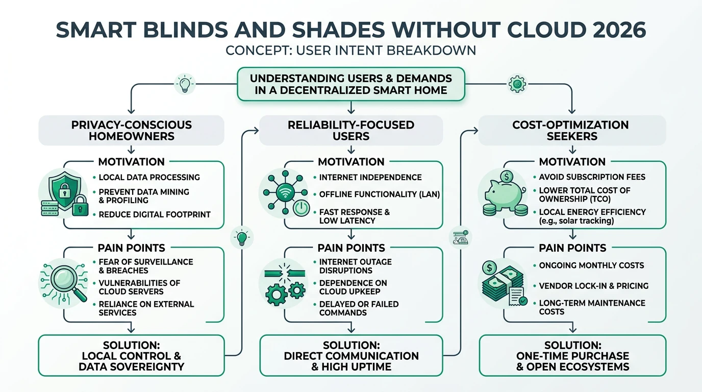 A comprehensive infographic detailing the features and benefits of smart blinds and shades that operate without cloud dependency, focusing on privacy and offline functionality.