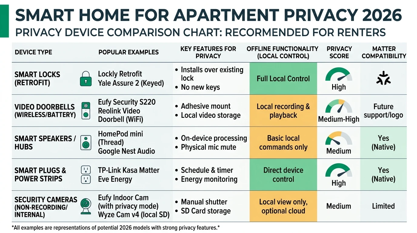 Infographic showing privacy-focused smart home devices for apartments in 2026, highlighting local control and offline reliability.