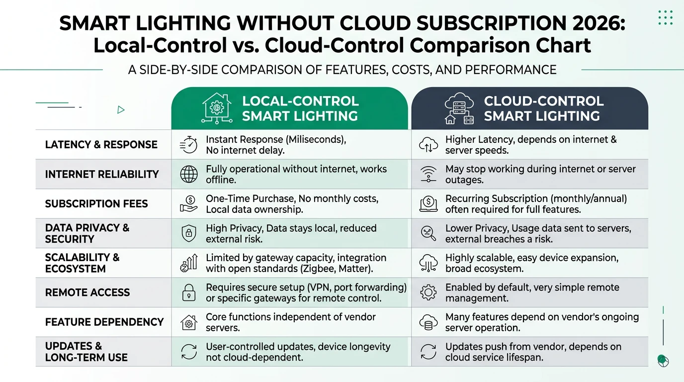 A detailed infographic comparing smart lighting systems without cloud subscriptions, highlighting privacy, cost, and control features.
