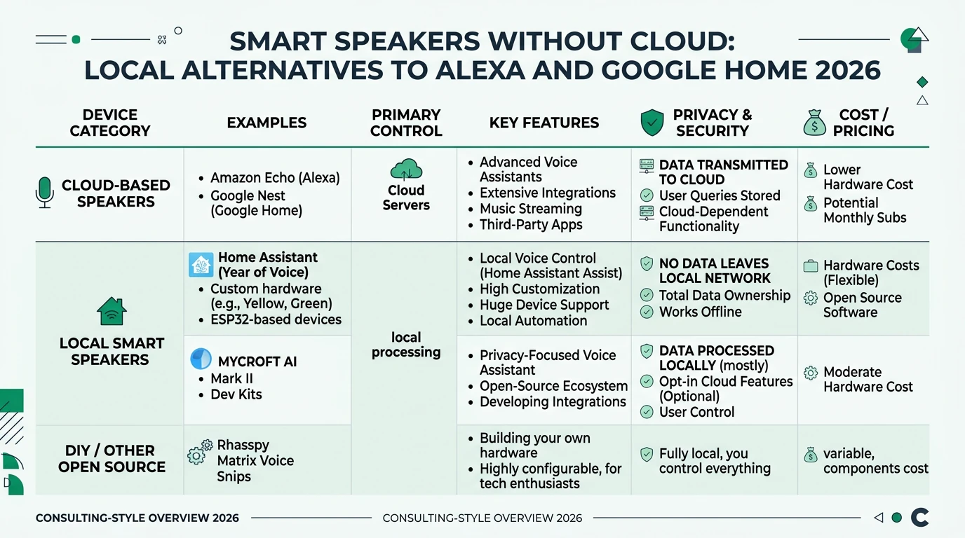 An infographic comparing local smart speakers, detailing privacy features, compatibility, and user control options.