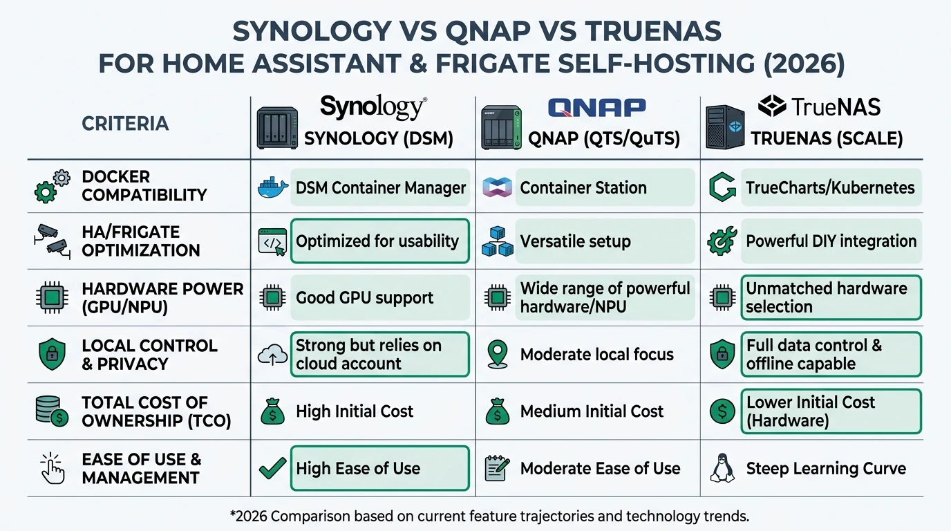 Comparison infographic of Synology, QNAP, and TrueNAS for Home Assistant and Frigate self-hosting, highlighting Docker support, privacy, and TCO.