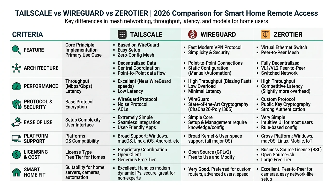 Infographic comparing Tailscale, WireGuard, and ZeroTier for smart home remote access, highlighting features like protocol type, throughput, and privacy.