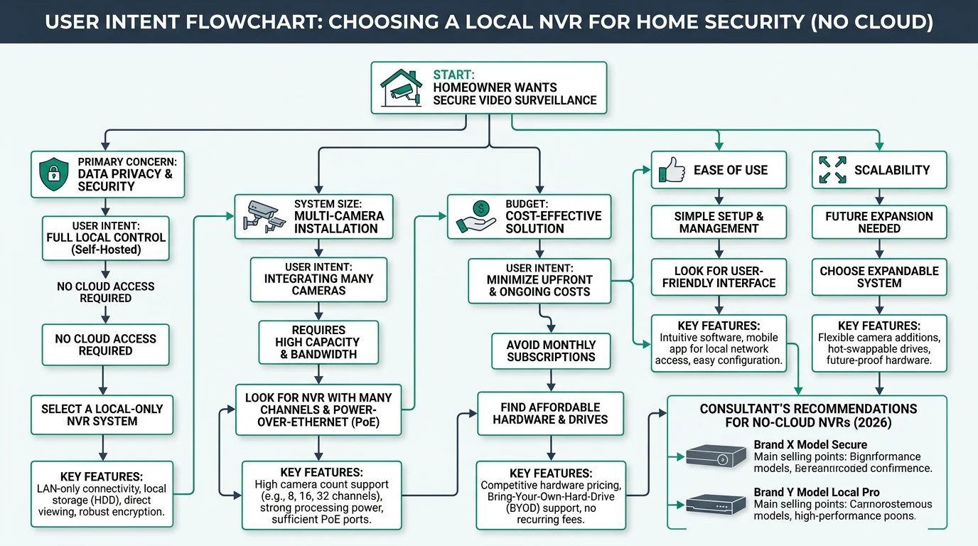 A detailed infographic comparing top NVRs for home use in 2026, highlighting privacy, cost, and compatibility features.