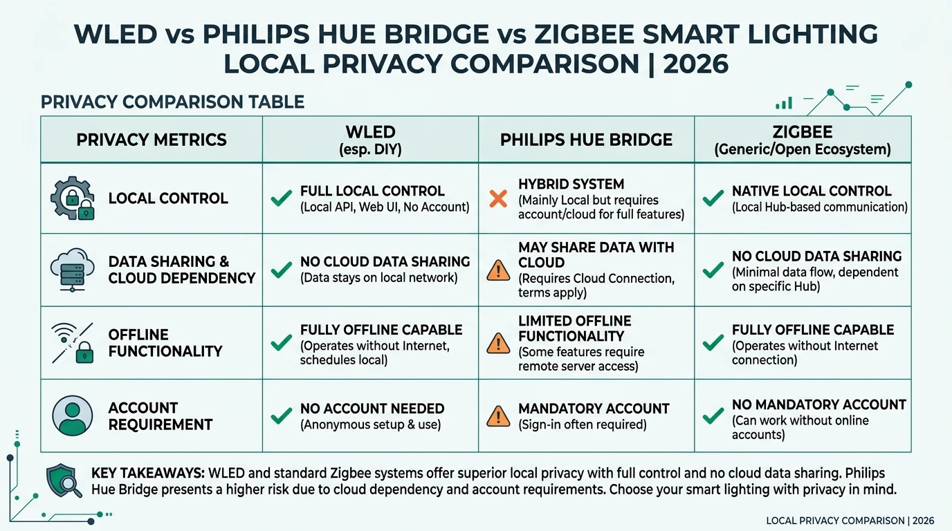 Infographic comparing WLED, Philips Hue, and Zigbee smart lighting systems for privacy and local control.